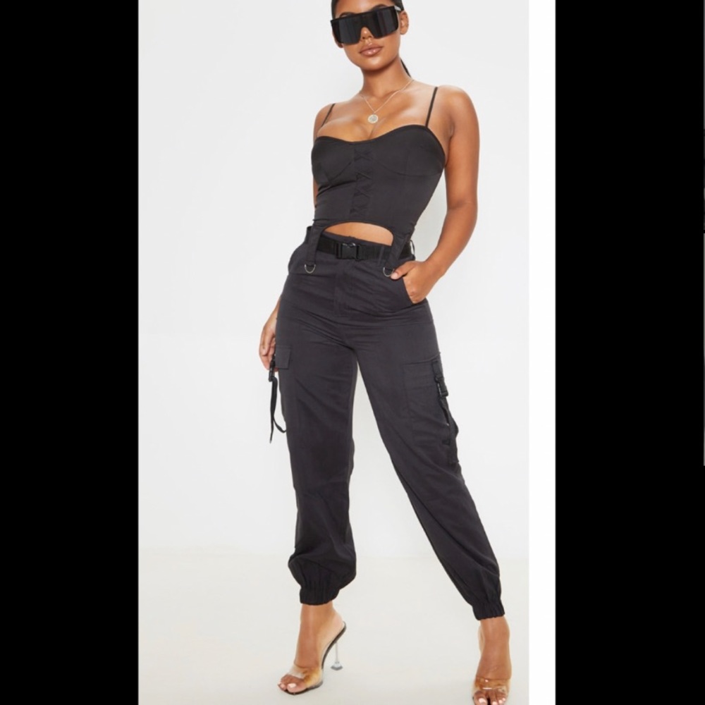 Black Buckle Detail Belted Cargo Pants PLT